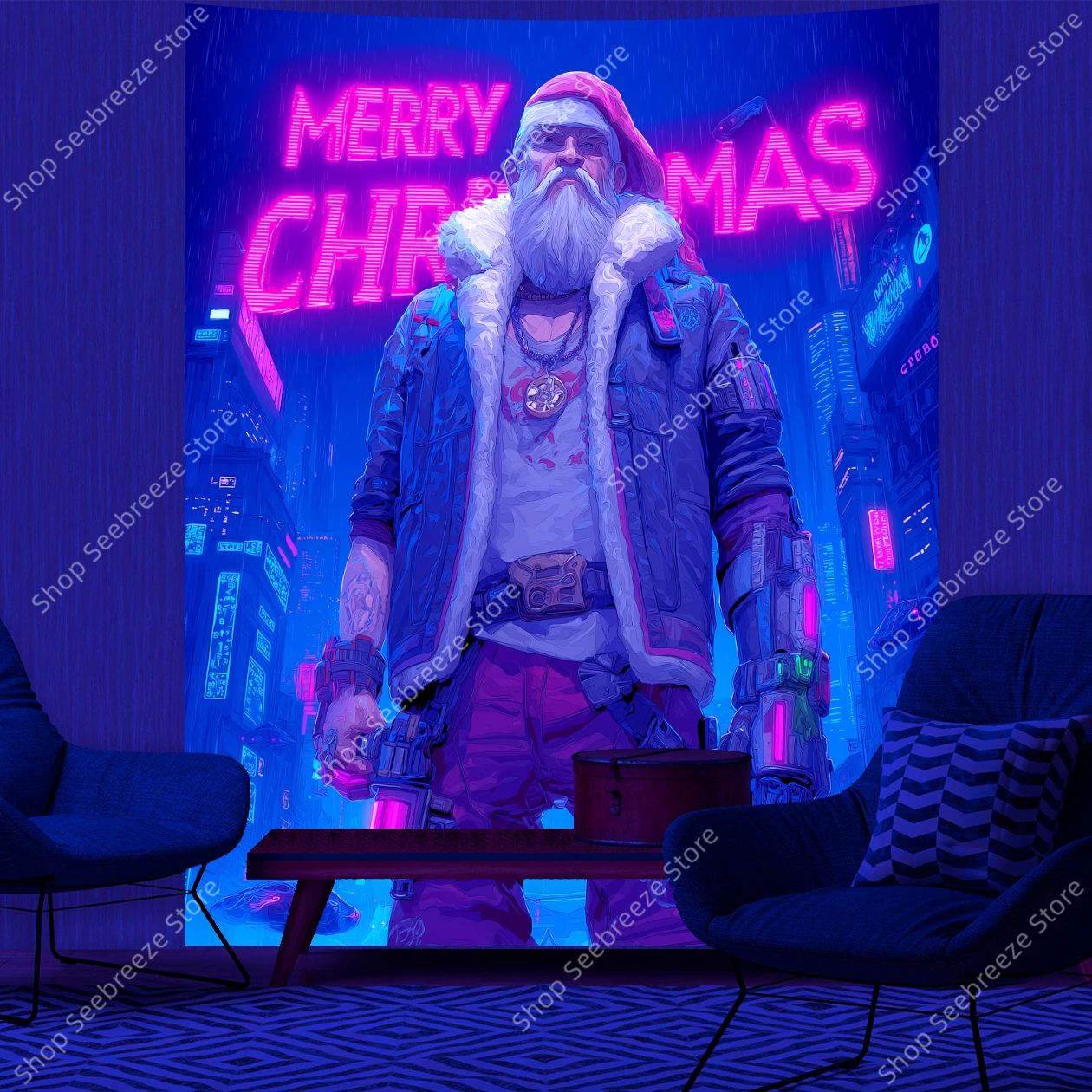 Cyberpunk Santa Claus UV Tapestry with Neon Cityscape and Futuristic Christmas Decor for Modern Living Room Bedroom Wall Art