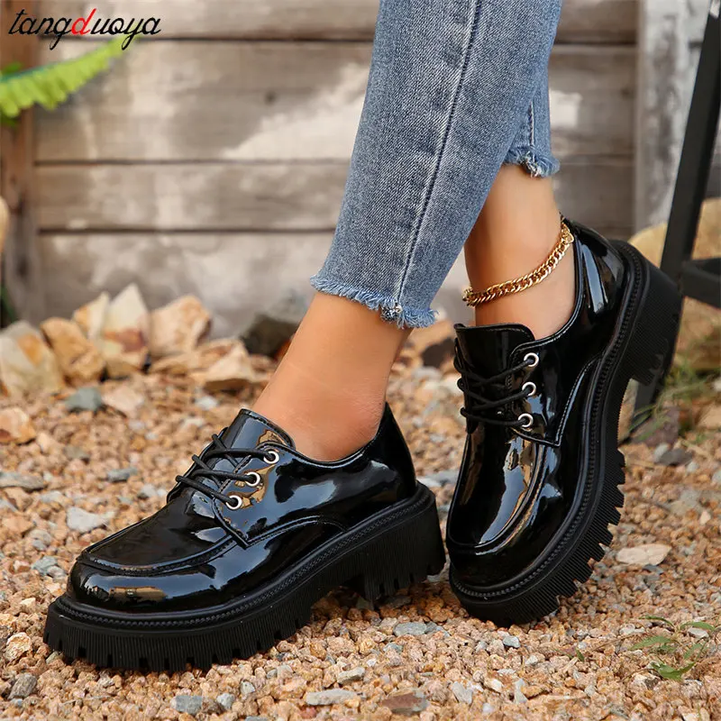 Classic black loafers Women's Patent leather Oxford shoes Fashion round toe lace up JK uniform shoes Women Platform Casual shoes