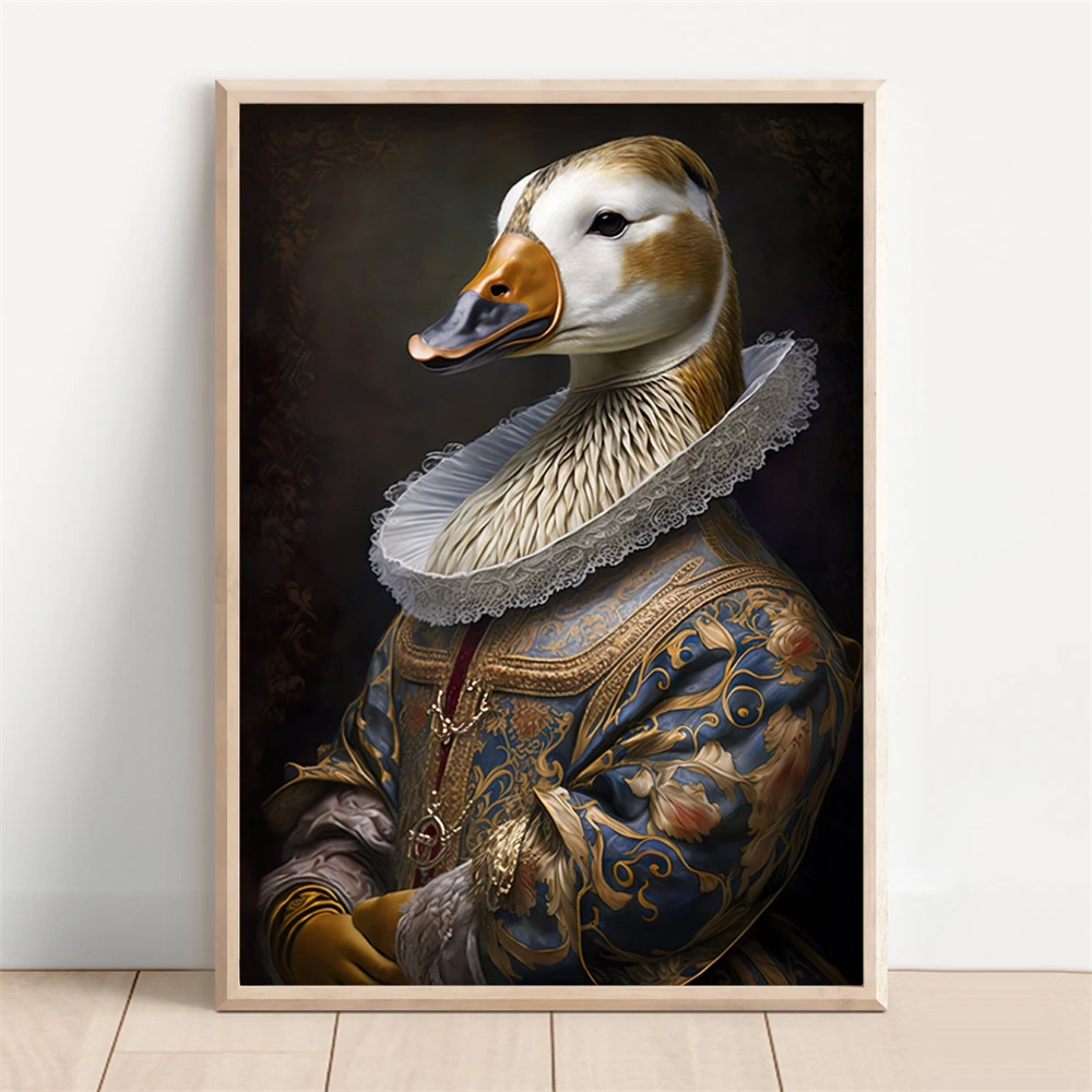 Lady Duck Holding Martini Wall Art Print Poster Vintage Victorian Portrait Duck In A Dress With Flowers Prints Animal Home Decor