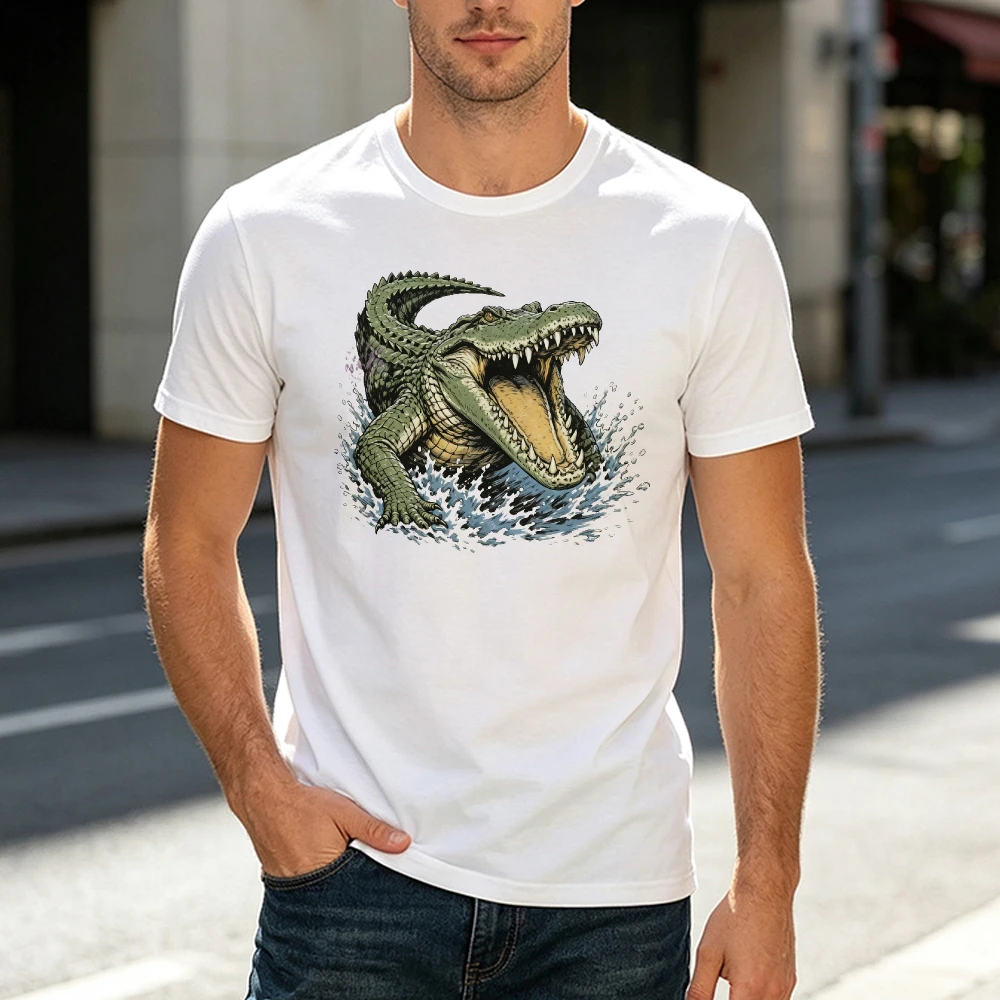 Fierce Alligator Splashing Water Graphic Men T Shirt Summer Swamp Reptile Nature Tee Dangerous Wild Animal Clothes
