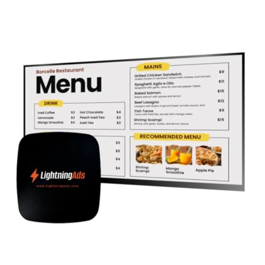 Digital Signage Player for Restaurants Includes Free Upload and Menu Scheduler Unlock Affordable Premium Tools: Template Builde