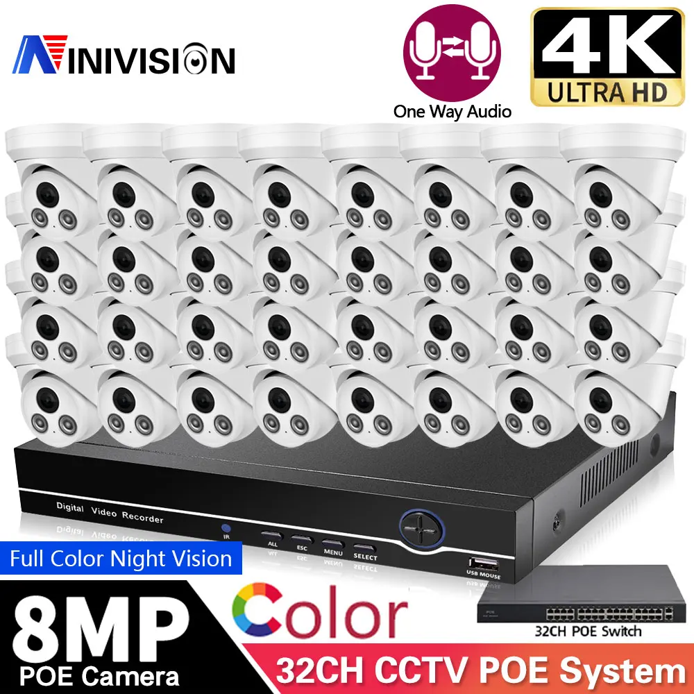 

4K 8MP 32CH/16CH POE IP NVR Kit With Audio CCTV System Out Dome Human Detection Color Night Vision Video Surveillance camera Set