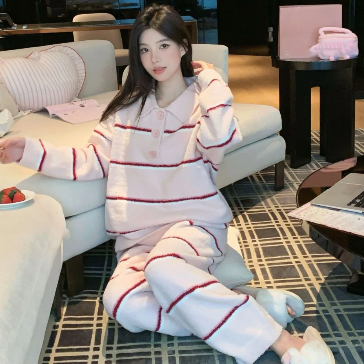 Women Coral Fleece Pajama Set Red Striped Print Pink Long Sleeve Loungewear Autumn Winter Warm Casual Soft Sleepwear Suit