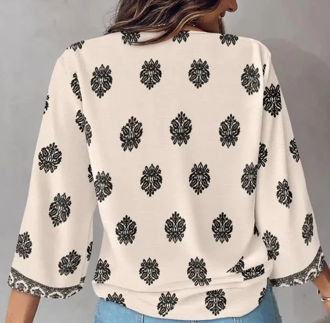 

Женская блузка с V-образным вырезом и длинными рукавами с цветочным принтом и контрастной отделкой, повседневный свободный топ для отпуска