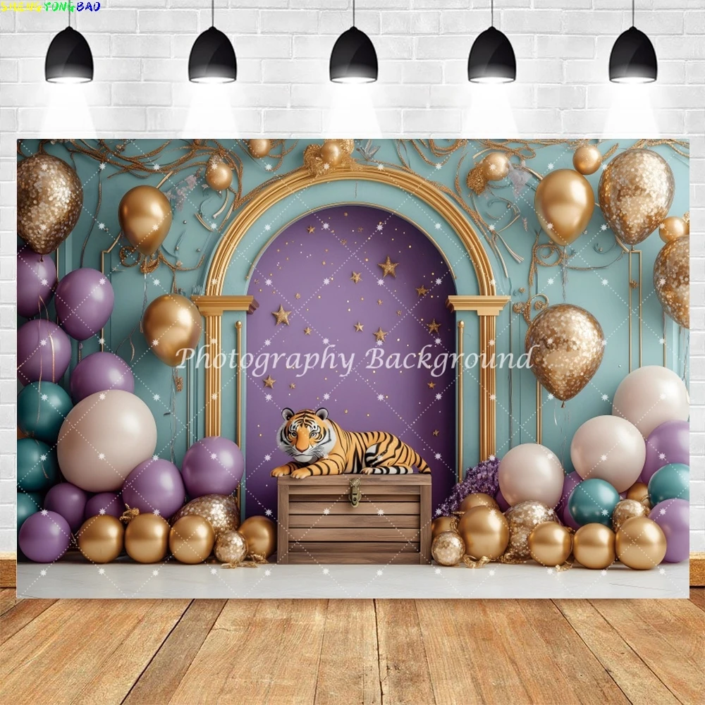 Royal Purple Balloon Backdrop for Birthday Party Luxury Palace Tiger Theme 3D Metallic Foil Balloon Wall Decor Photo Background
