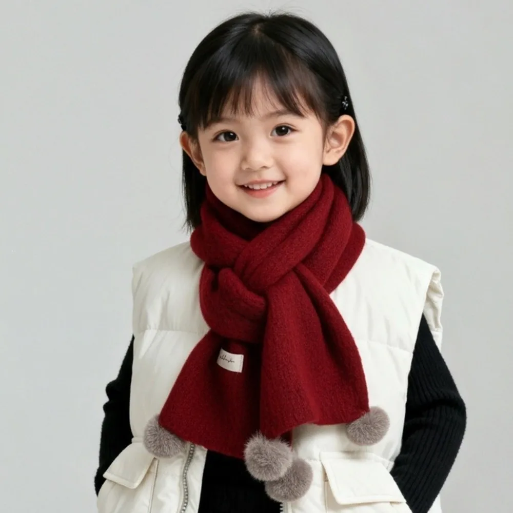 Gifts Knitted Pom Pom Scarf Solid Pom Pom Detail Winter Scarf Warm Children Knitted Scarf Boys and Girls