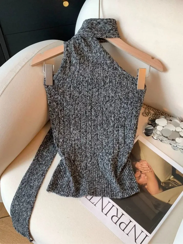 Women's 2026 Autumn Sweet Hot Girl Off Shoulder Halter Ribbon Sleeveless Top French Tie Dye Cable Knit Coquette Trendy