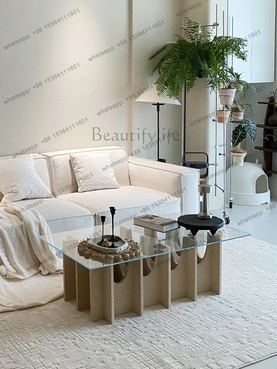 北欧風シンプルオーシャンプレートガラスコーヒーテーブル、ミニマリスト家具、小さなアパートのリビングルーム、ログスタイルティーテーブル