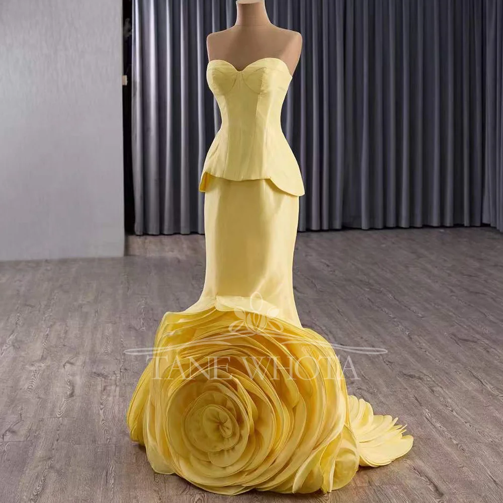 Luxury Yellow Sweetheart Sleeveless Evening Dress 3D Flower Lace-Up Back Sexy Sheath Gown Customizable Fit For Women