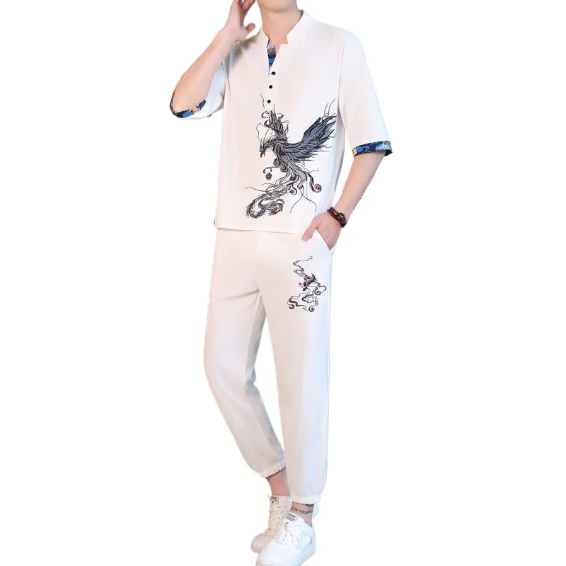 

Летний комплект футболок с короткими рукавами в китайском стиле, комплект из двух предметов: футболка с половиной рукавов и штаны девятью дюймов, комплект мужской одежды