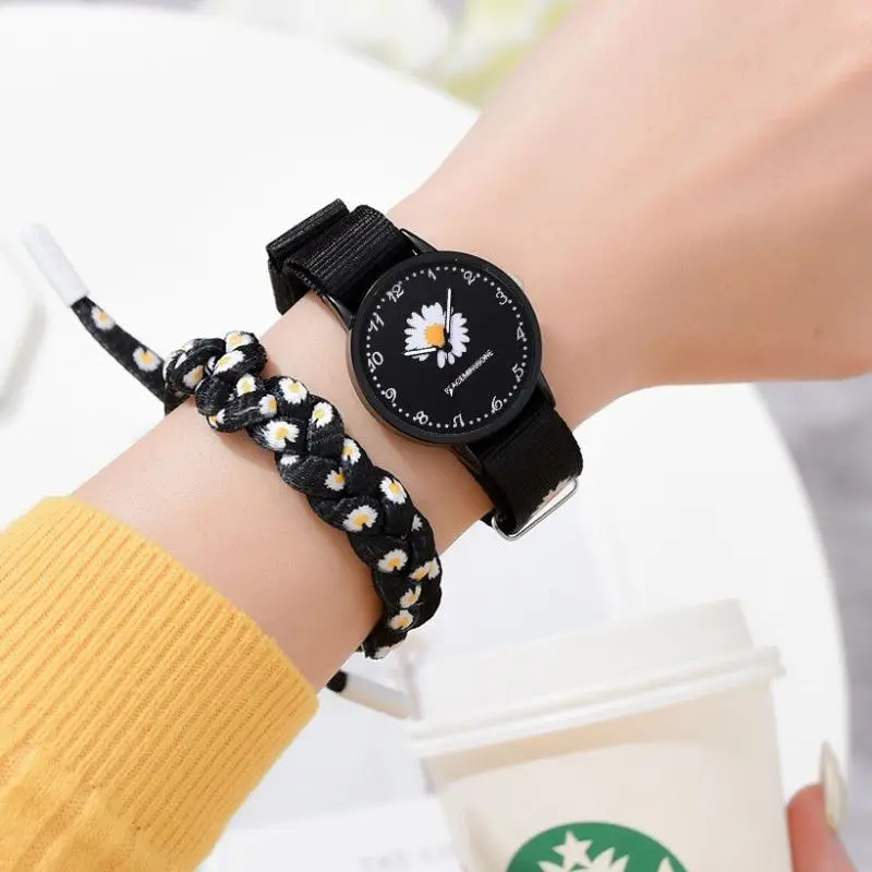 Nylon Women Watch 2 PCS Set Bracelet Ladies Wristwatches Daisy Flowers Fashion Cute Quartz Girls Clock Students 2022 reloj mujer