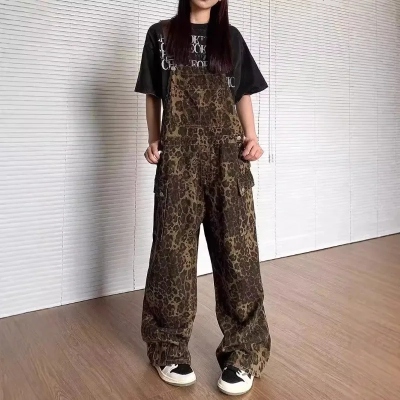 2025년 신상 여성 의류 레오파드 프린트 데님 오버롤 가을 겨울 루즈핏 데님 와이드 팬츠 여성 캐주얼 데님 점프수트 트렌드