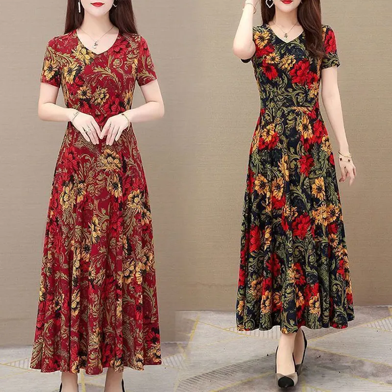 Office Lady Geometric Vintage Floral Printed Midi Dress 2023 Summer A-Line Stylish Spliced Women\'s Clothing Casual Loose Dresses