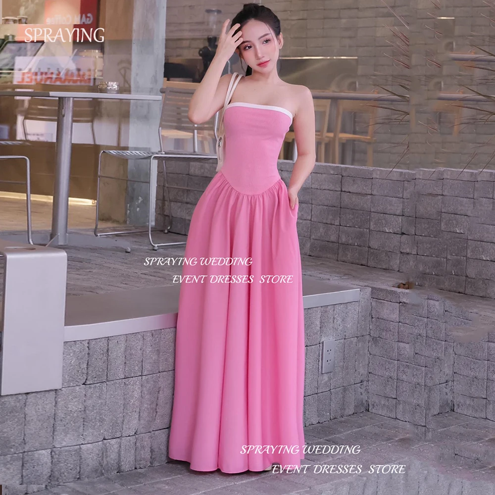 

SPRAYING Simple Prom Gown A-line Strapless Draped Korea Wedding Prom Gown Photo Shooting Evening Maxi Dresses