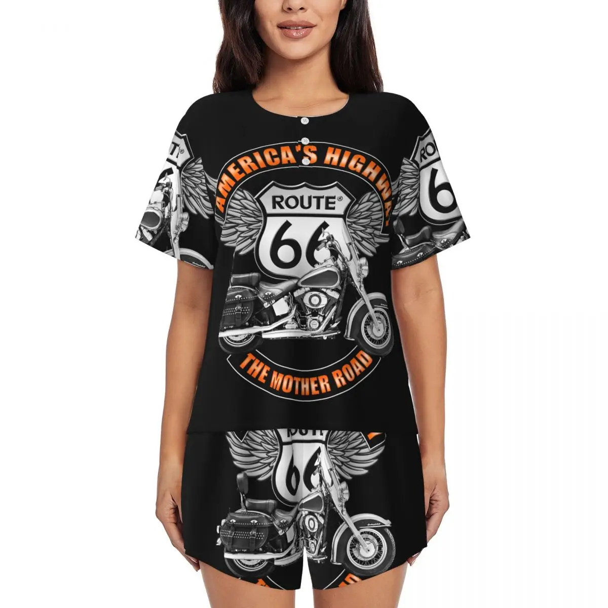 Custom Route 66 Mother Road Pajama Sets Women 2 Piece Motorcycle Short Sleeve Pjs Shorts Sleepwear