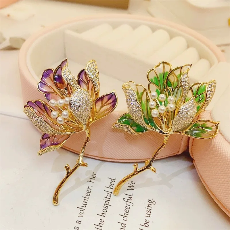 Luxury Magnolia Flower Brooches For Women Unisex 2-color Enamel Pearl Beautiful Plants Party Brooch Pins Gifts