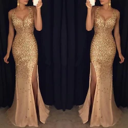 Elegant New Women's Long Dress with Suspender Lady Bling Sequines Wedding Evening Dress  V-neck Slit Slim-fitting High-end Dress