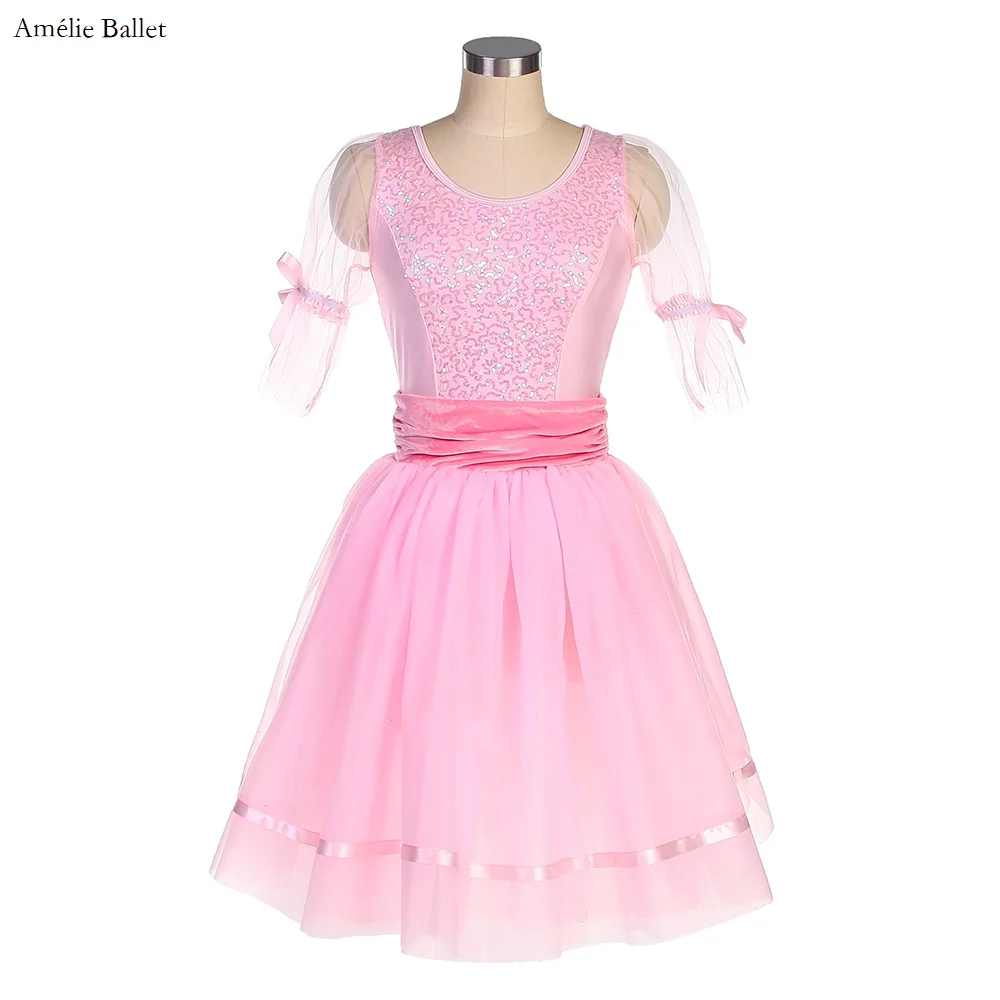 

20037 New In Pink Spandex & Sequin Top With Net Sleeves With Ribbon Ballet Dance Dress Dance Wear For Girls Ballet Dance Show