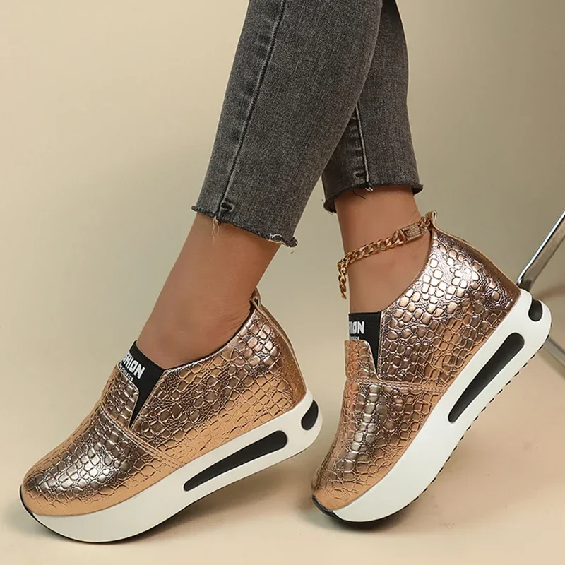 Fashion Silver Thick Bottom Slip On Sneakers Women 2025 Autumn Chunky Platform Casual Mules Shoes Plus Size Lady\'s Loafers Shoes