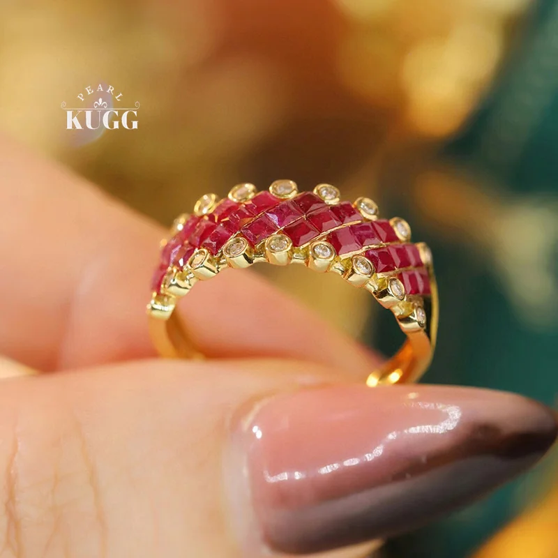 KUGG 100% 18K Yellow Gold Rings Shiny Diamond Natural Ruby Engagement Ring for Women Luxury Elegant Design High Party Jewelry