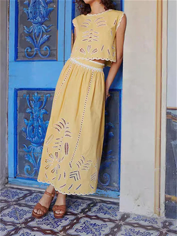 

Модный женский кружевной вышитый ажурный топ на бретелях без рукавов или женский комплект трапециевидной формы с высокой талией, свободный комплект с юбкой-миди