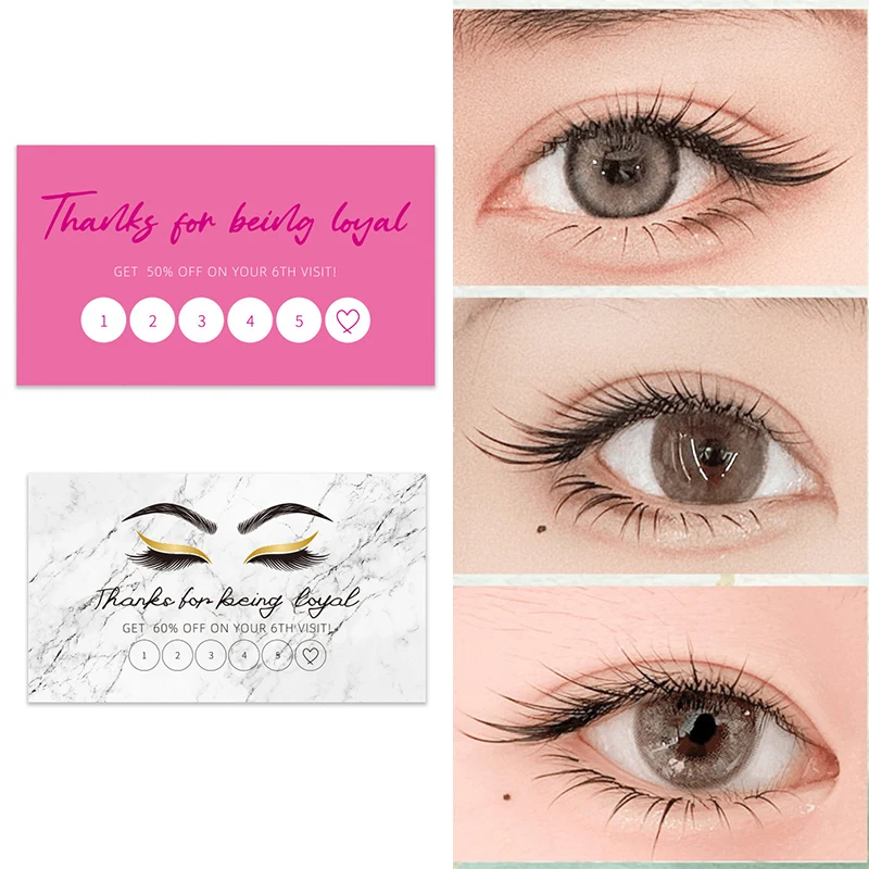 50pcs Shining Eyelash Business Card Lash Extension Aftercare Card Lash Loyalty Discount Cards Beauty Studio Loyalty Cards