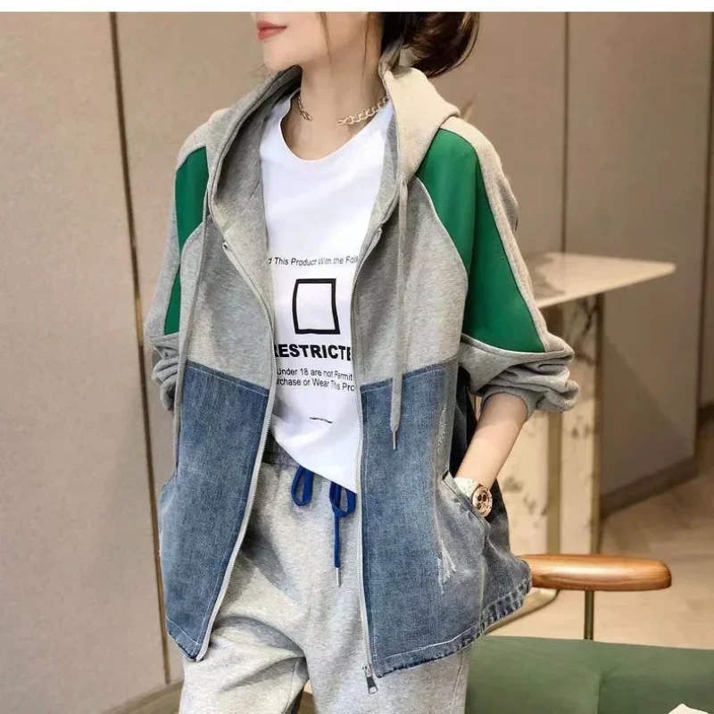 Spring and Autumn Patch Patchwork Jacket Fashion Denim Jacket Women's Korean Casual New Hooded Sweatshirt Denim Jacket