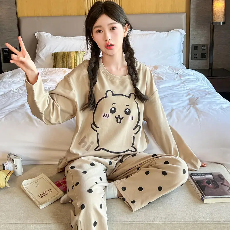 

Kawaii Usagi Chiikawa женские пижамы из хлопка, теплая одежда для сна в стиле аниме, студенческие пижамы, брюки, зимняя теплая одежда для сна для девочек
