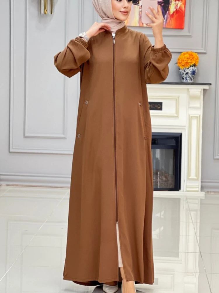 Abaya-Robe longue de soirée musulmane pour femmes, robe de Ramadan, col montant, poche zippée, Educational Largos, Dubaï, Jalabiya, Eid, 2024