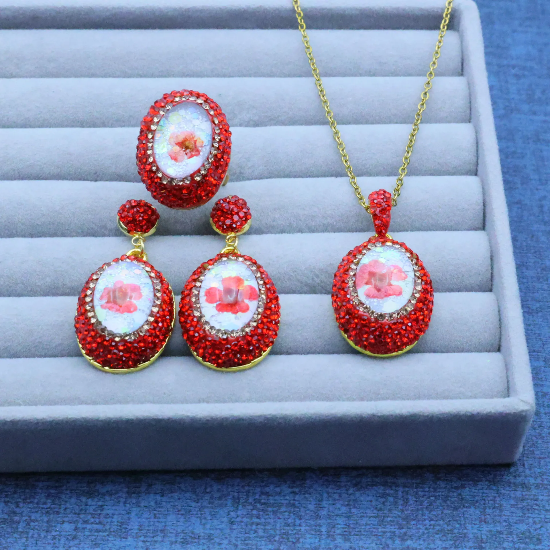 New red crystal diamond crystal inlay oval dried flower real flower painted crystal inlay three-piece set purely handmade