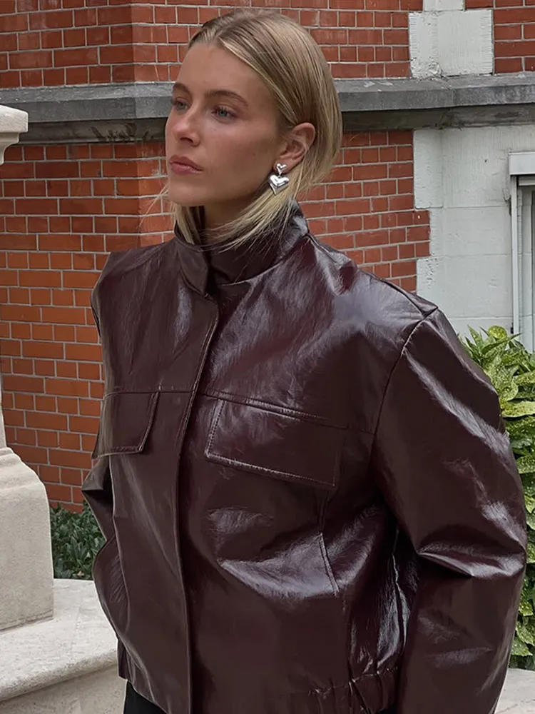 Women Casual Sequin Leather Jacket Fashion Solid Stand Collar Full Sleeve Short Loose Coat 2025 Autumn Daily Commute Office Wear