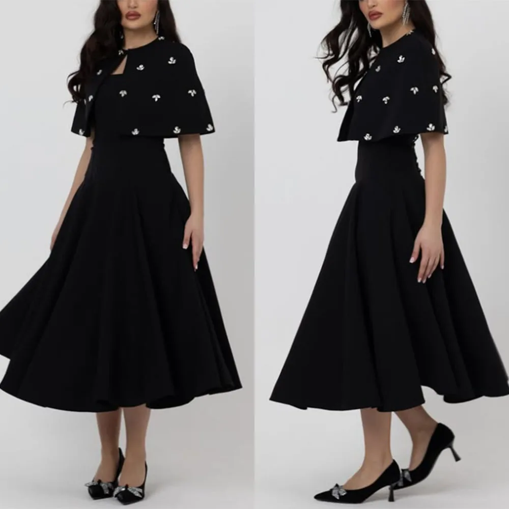 

Customized Beaded Black Long Dresses Tea Length Dress Woman Elegant Party Wedding شارون سعيد فساتين سهرات Ballkleider Evening