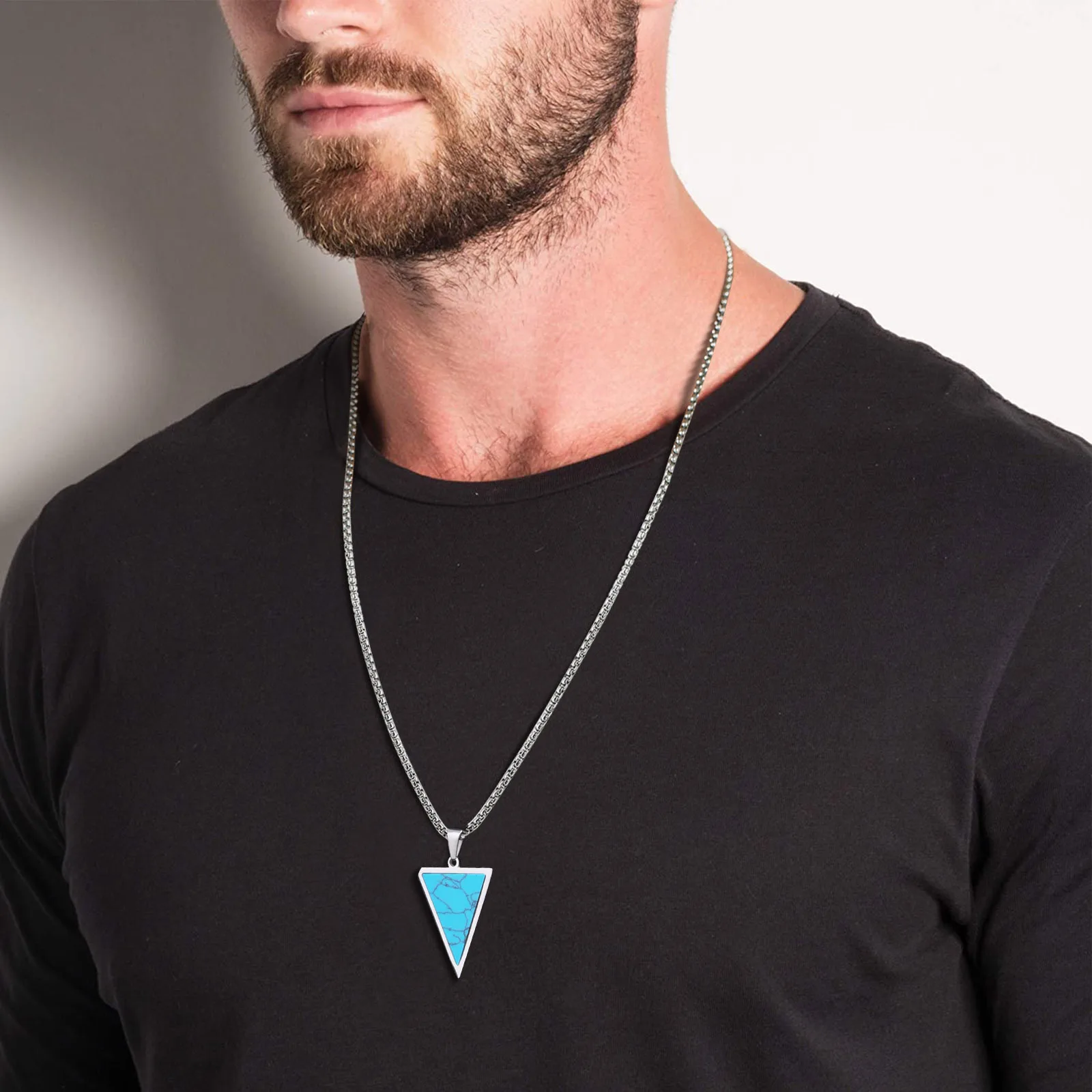 Vnox Inverted Triangle Pendant Necklace for Men Women, Stainless Steel Geometric Pendant with Natural Stone, Simple Cool Jewelry
