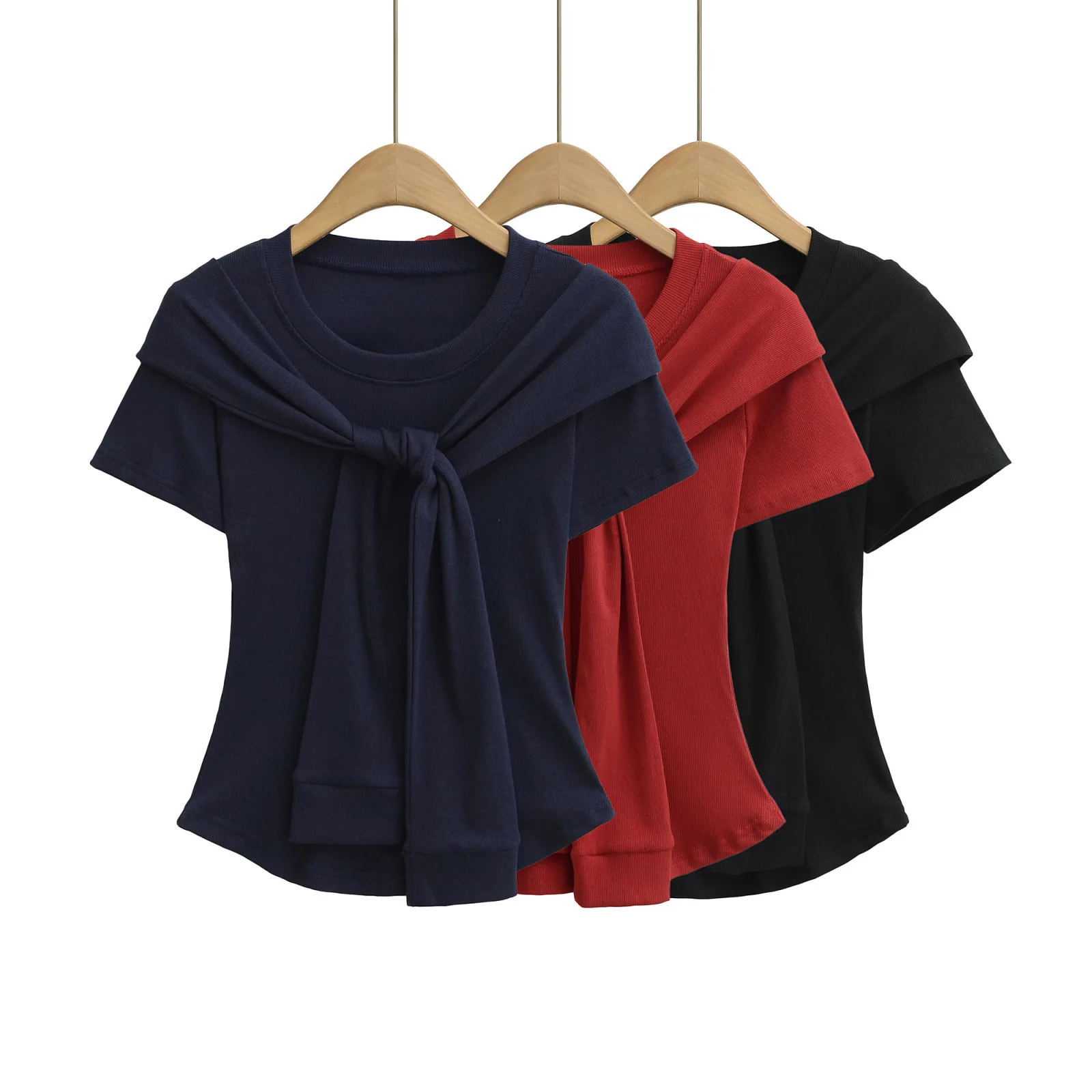 

Модный летний женский топ с имитацией двухслойности и дизайном в виде шали, круглый вырез, обычные плечи, короткие рукава, стройнящий силуэт, стильный дизайн 9QDY.