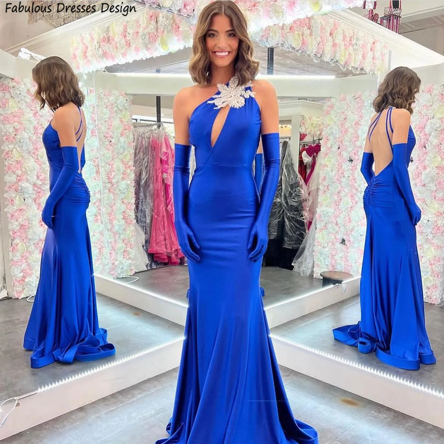 

Royal Blue Trumpet Prom Dresses Applique Beading One Shoulder Backless Long Mermaid Evening Dress For Women Wedding Party Gown