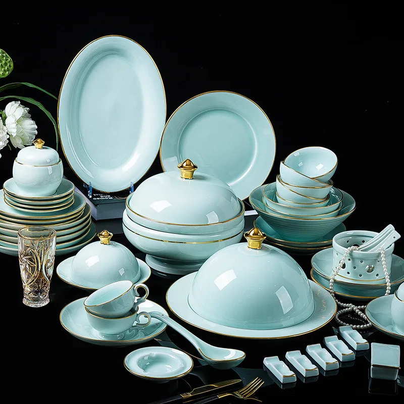 

77 Pcs Jingdezhen Underglaze Tableware Bowl and Dish Household Plate Bone China Suit Ceramic Chopsticks Gift Wholesale