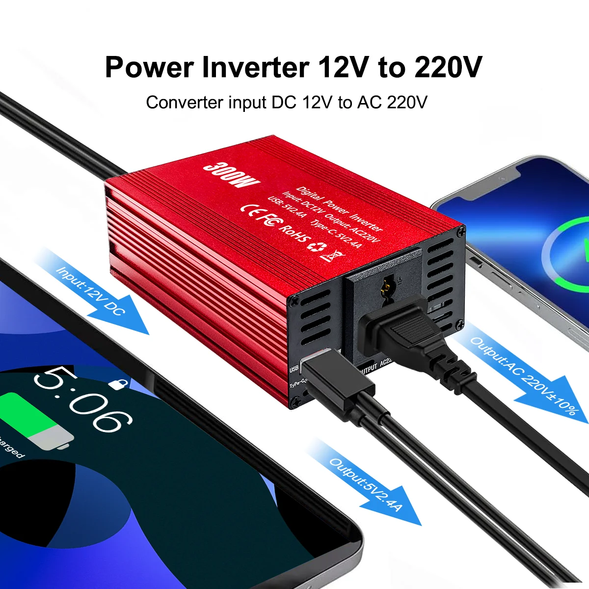 Car Power Inverter 300W Pure Sine Wave EU Socket  DC12V to AC 220V 50hz, 5V 2.4A USB Port Fast Charging Voltage Adapter
