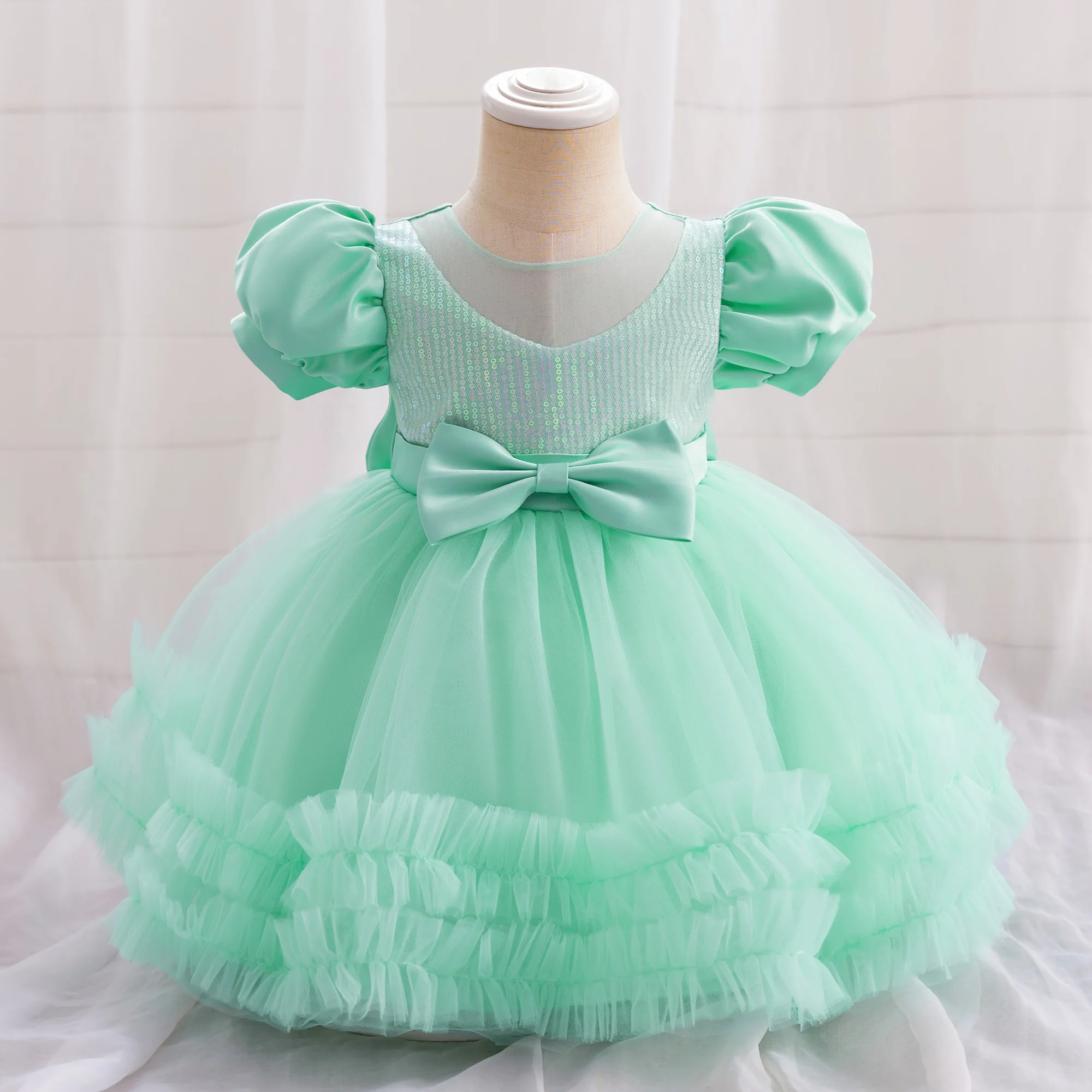 Toddler Sequin Baby Girl Party Dresses Bow Princess Dresses for Girl 1st Birthday Baptism Baby Dress Tutu Lace Wedding Prom Gown