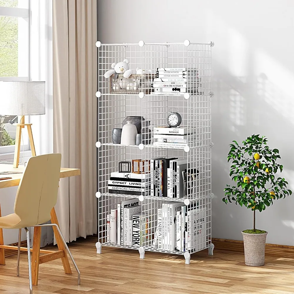 

Metal Grids Shelves Bookshelf Storage Shelf 8 Cube) Bookcase Stackable Modular Shelving Organizer Living Room Office (White Book