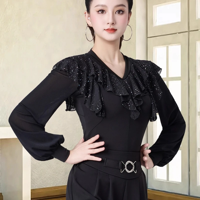 Latin Dance Wear Top Damen Frühling und Sommer Neue Kurzarm Mesh Rüschen Blatt Rand Moderne Samba Square Ballroom Dance Kostüm