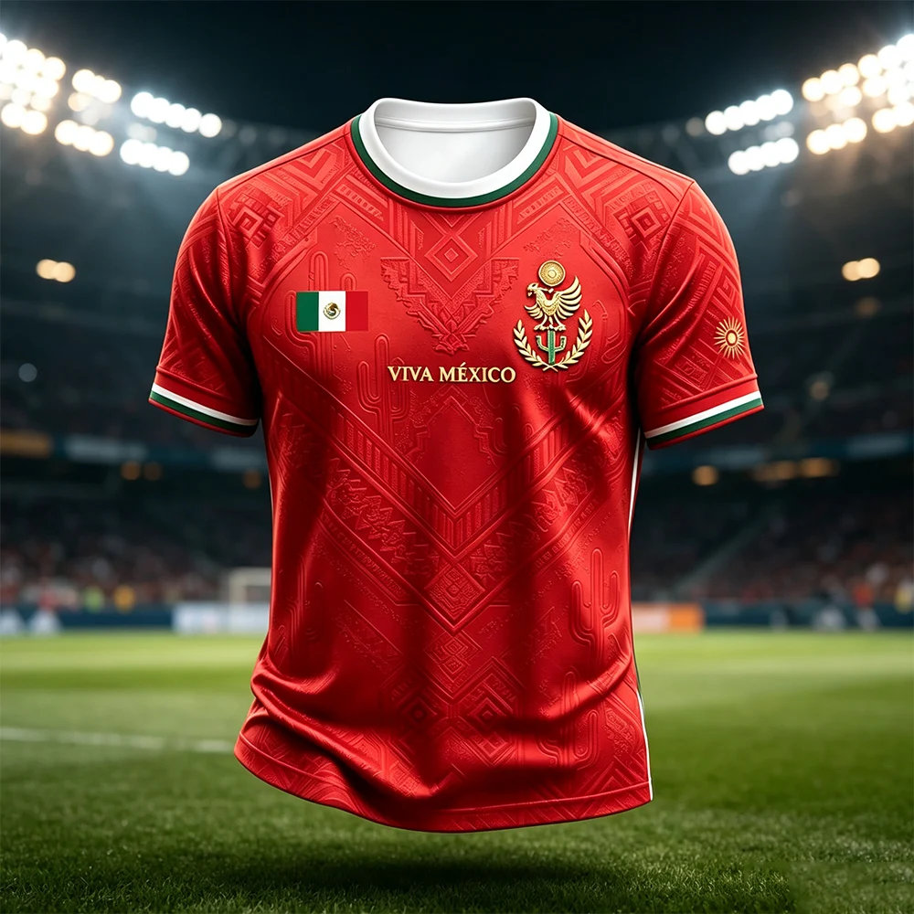Men Mexico 3D Print Soccer Jersey Red Aztec Cactus Ethnic Pattern Short Sleeve Fan Sports Quick Dry Tee Family Kids Matching New