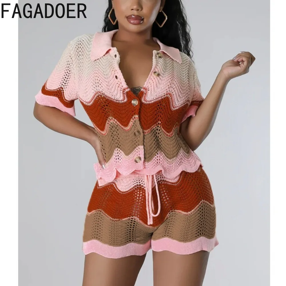 

FAGADOER Spring New Stripe Print Knitting Shorts Two Piece Sets Women Turndown Collar Button Top+Shorts Outfits Female Clothing