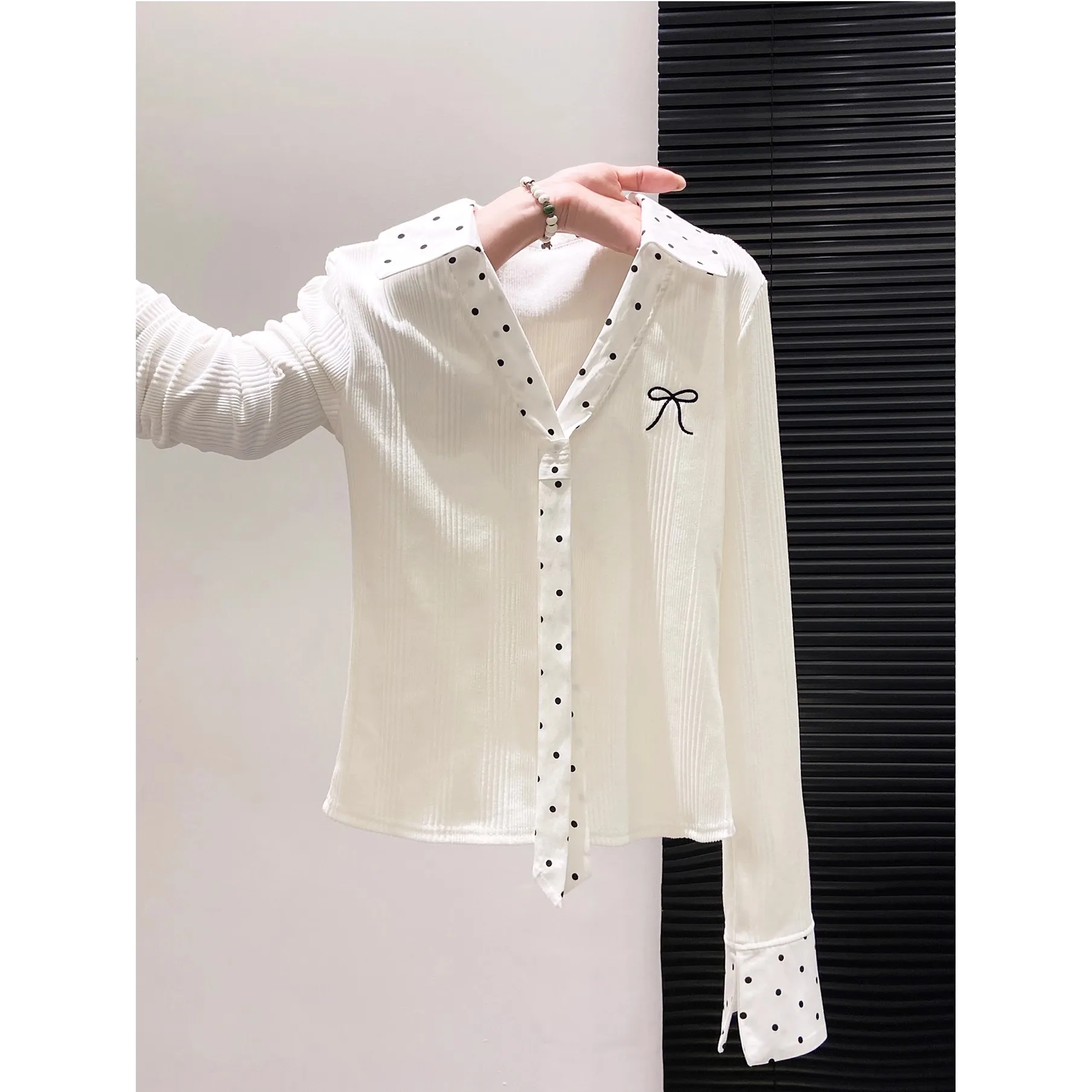 

Белый лоскутный воротник-поло в горошек и женская осенняя приталенная футболка с короткими рукавами, топ