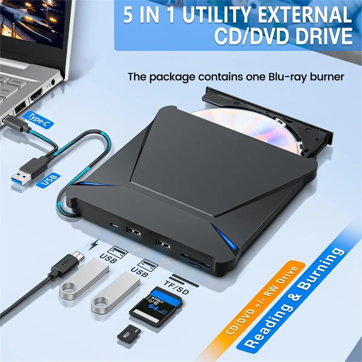 618 Mega Sale Blu-Ray Burner USB3.0 External Optical DVD Drive Recorder 3D Blu-Ray Players Writer Reader for Laptop PC Mac Linux