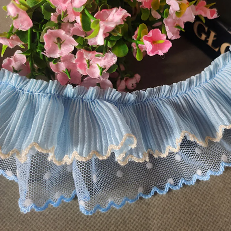 Saia de chiffon plissada para crianças, céu azul, renda encaracolada, roupas DIY, têxteis domésticos, vestido de noite, enfeites, acessórios de