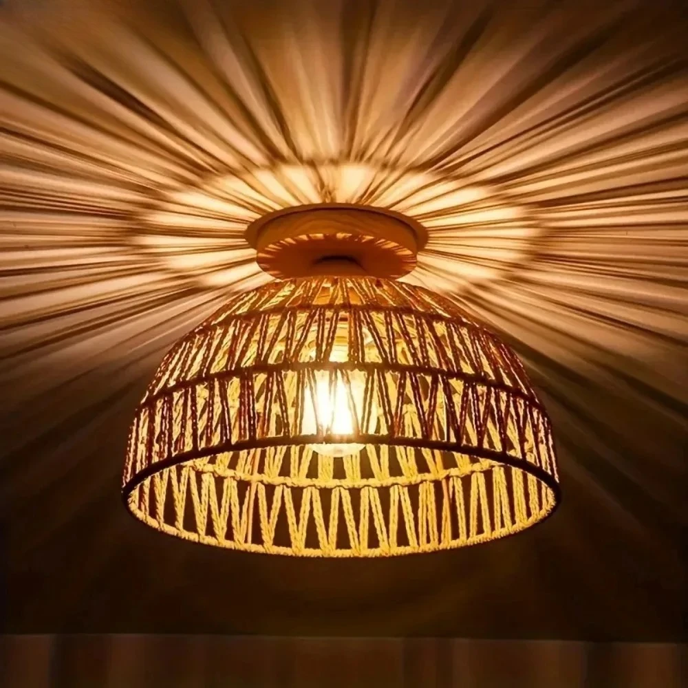 

E27 Wabi-sabi Natural Hand-woven Wicker Lampshade Ceiling Lamp for Restaurant Teahouse Living Room Retro Vintage Ceiling Lamps