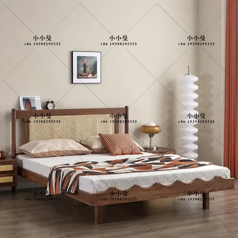 Nordic Black Walnut Rattan Bed Solid Wood Modern Simple 1.8m Retro Master Bedroom Double Bed New Chinese Style Furniture