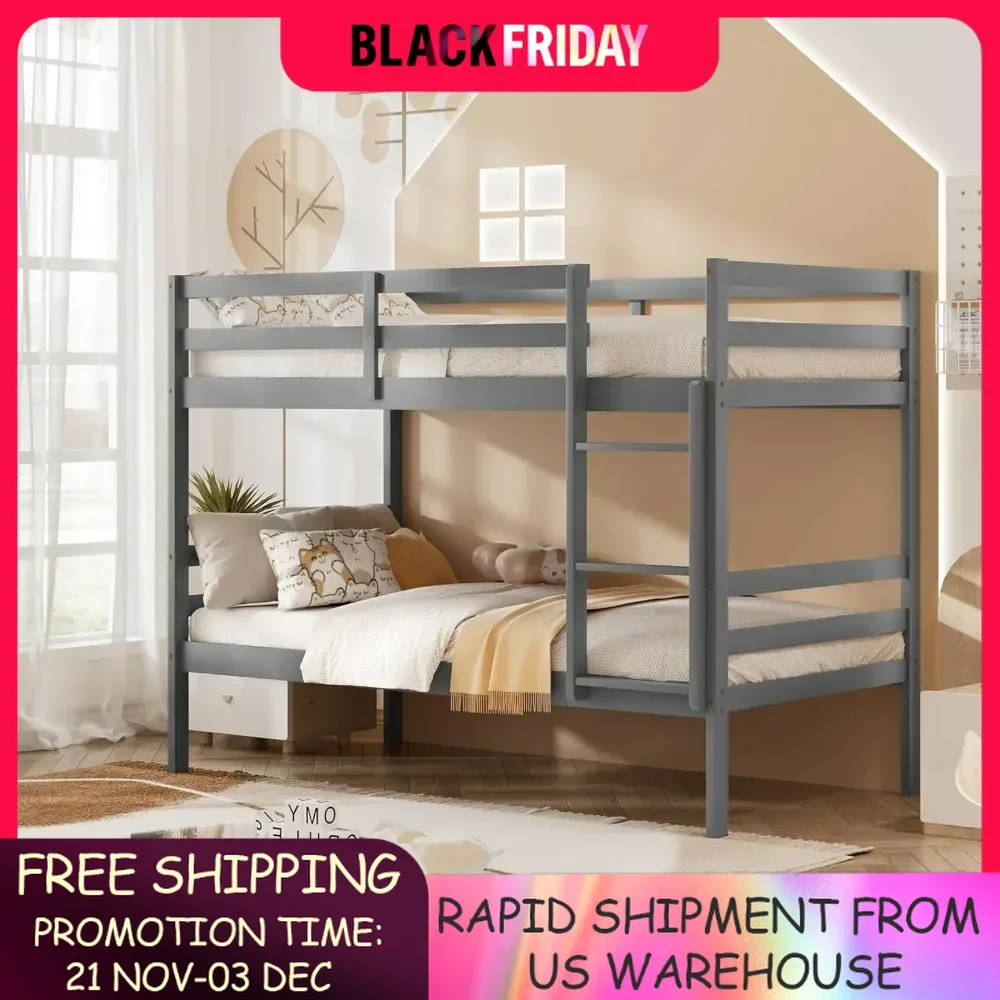 Wooden bunk bed with ladder railing, solid wood bed frame, suitable for multi-child families, no spring, children's bunk bed