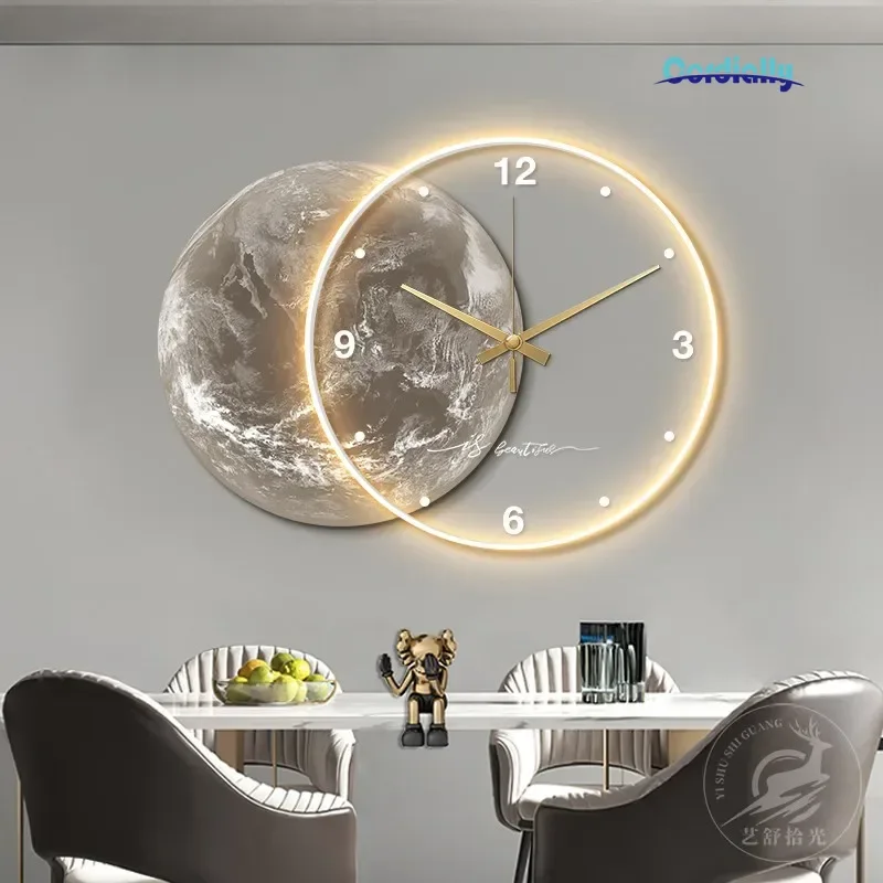 3D Moon Wall Clock LED Light Modern Lunar Painting Night Light Creative Multi-function Wall Art Living Room Dining Room Decor