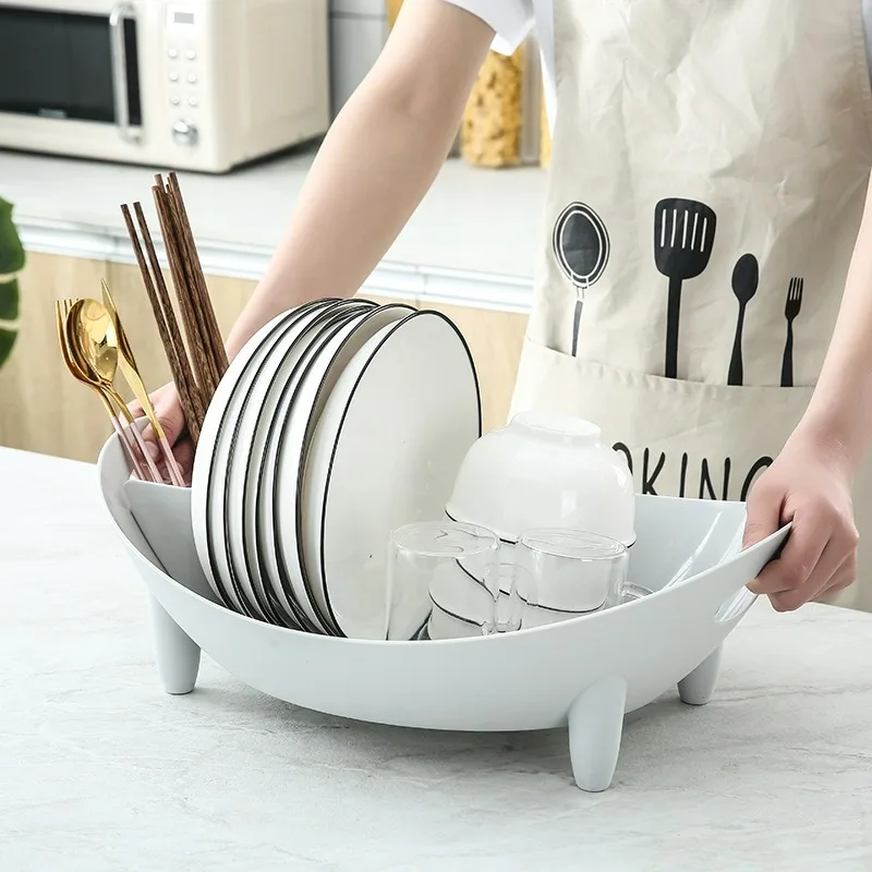 Dish Drying Rack Oval Shaped Drainer Plate Bowl Cutlery Storage Container with Utensil Holder Vegetable Basket Kitchen Container